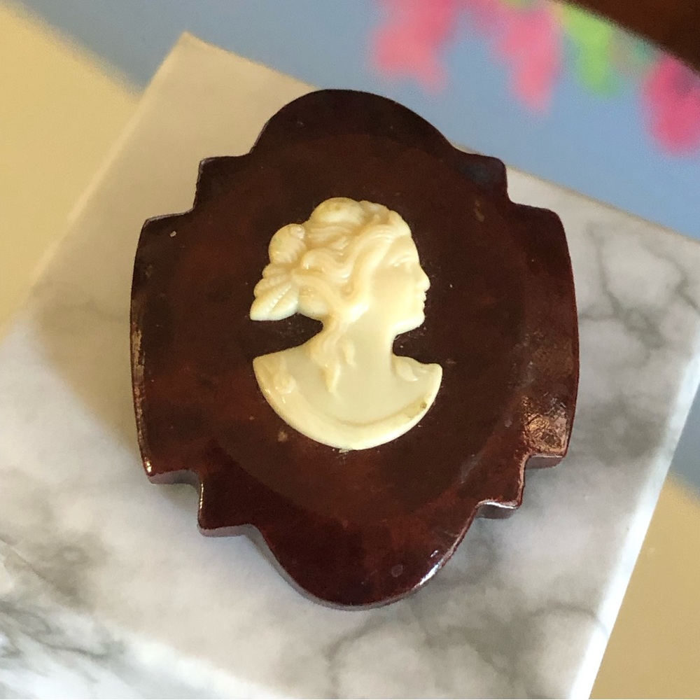 Vintage Victorian lady celluloid brooch